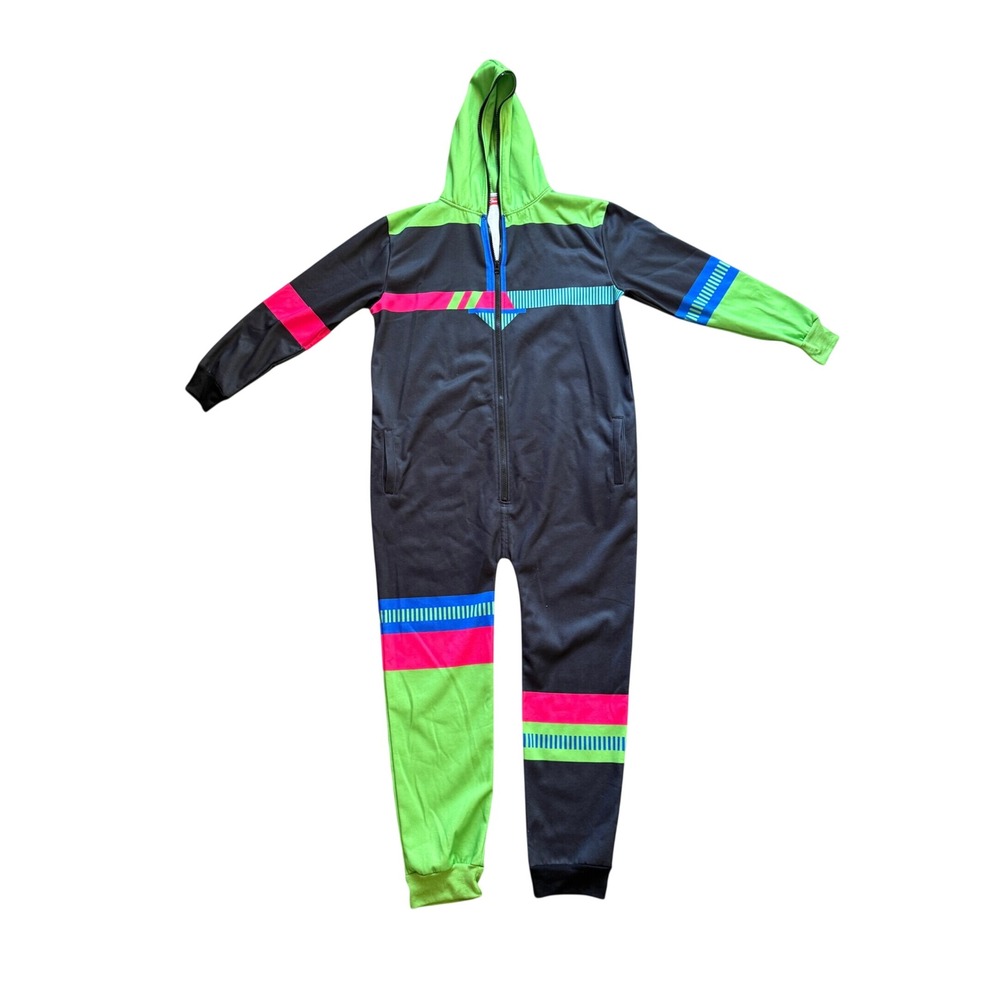 Shinesty Onesie Jumpsuit Mens XL Black Neon Green Excellent Retro Hooded Fleece